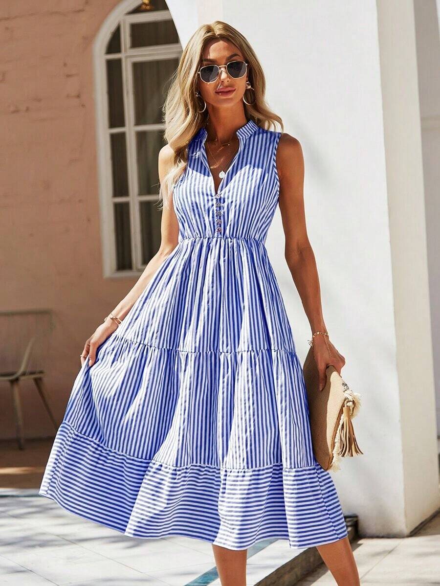 Vestido largo de línea A con cuello en pico y estampado de rayas, atuendo de vacaciones y playa para mujeres - Azul y blanco - Ver 1