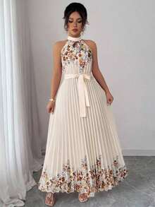 Vestido holgado de verano elegante con estampado floral y cuello halter para mujer - Albaricoque - Ver 7