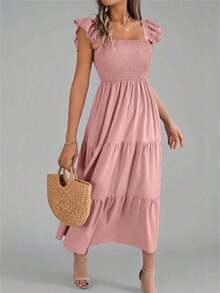 Nuevo vestido midi de unicolor con cuello cuadrado, casual, con espalda descubierta, volantes y sin mangas, color caqui, elegante para primavera/verano - Rosa - Ver 6