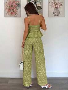 Conjunto de 2 piezas de top de tirantes y pantalones de estilo jacquard elegante para mujer, para verano - Verde lima - Ver 3