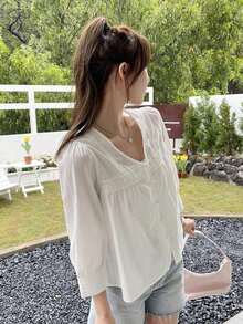Blusa Con Botones Frontales, Manga Abullonada Y Detalle De Encaje - Blanco - Ver 6