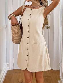 Vestido casual de botones con bolsillo, vestidos de verano para mujer, atuendos de vacaciones para mujer, atuendos de negocios casuales para mujer, vestidos elegantes para mujer, ropa de verano para mujer, ropa de trabajo para mujer, atuendos de of - Albaricoque - Ver 7