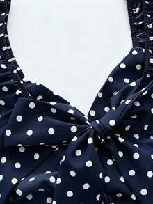 Vestido de lunares con cuello en V, mangas con volantes, cintura plisada y espalda descubierta con lazo para mujer, vestido casual de vacaciones para primavera/verano 2026 - Azul marino - Ver 3