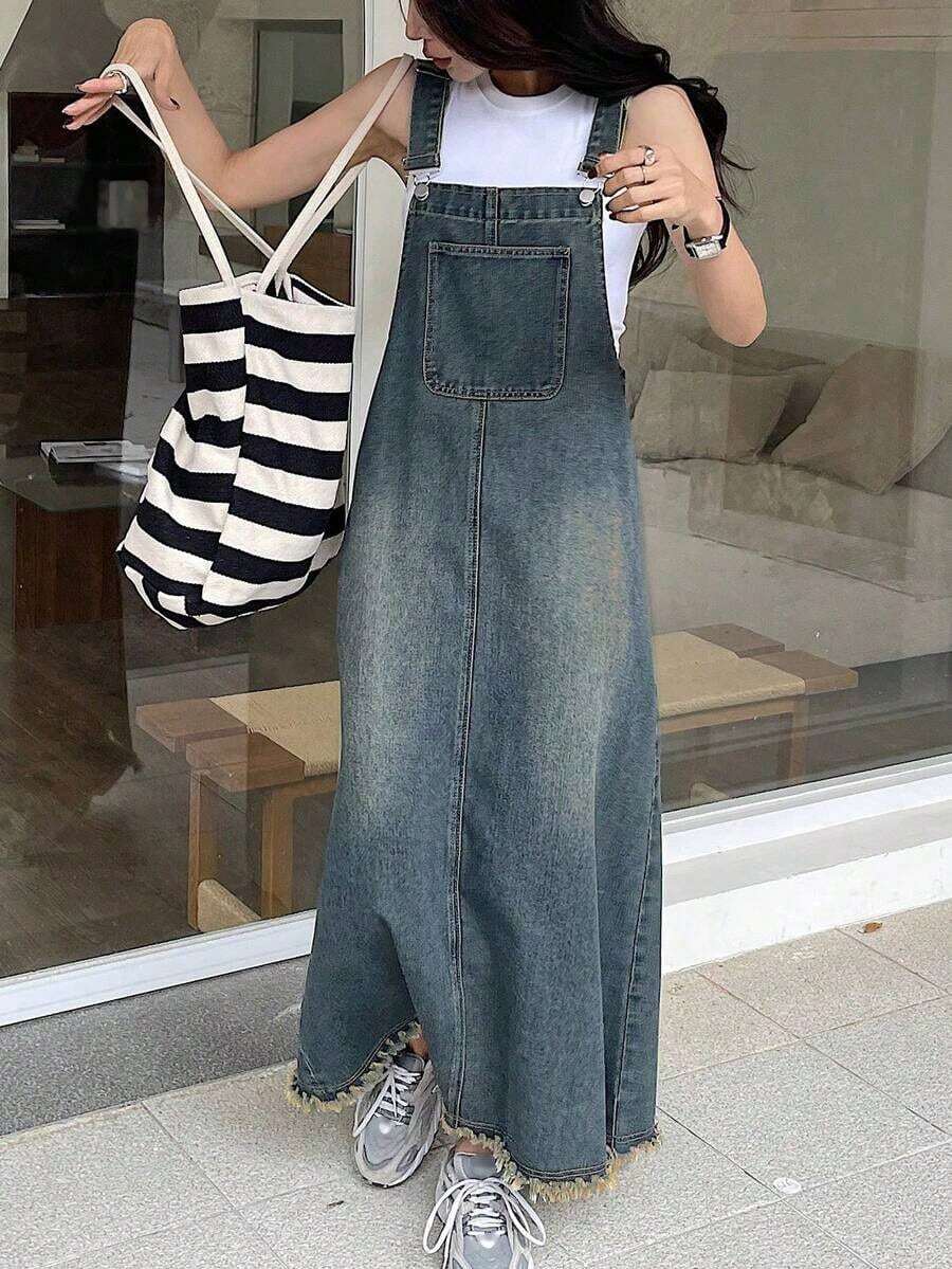 Mono vestido de mezclilla casual de verano con bolsillos y correas para mujer - Azul - Ver 1