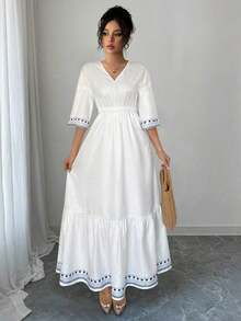 Vestido largo de línea A con escote en V, mangas raglán y cintura ceñida, estilo casual de vacaciones para primavera/verano - Blanco - Ver 1