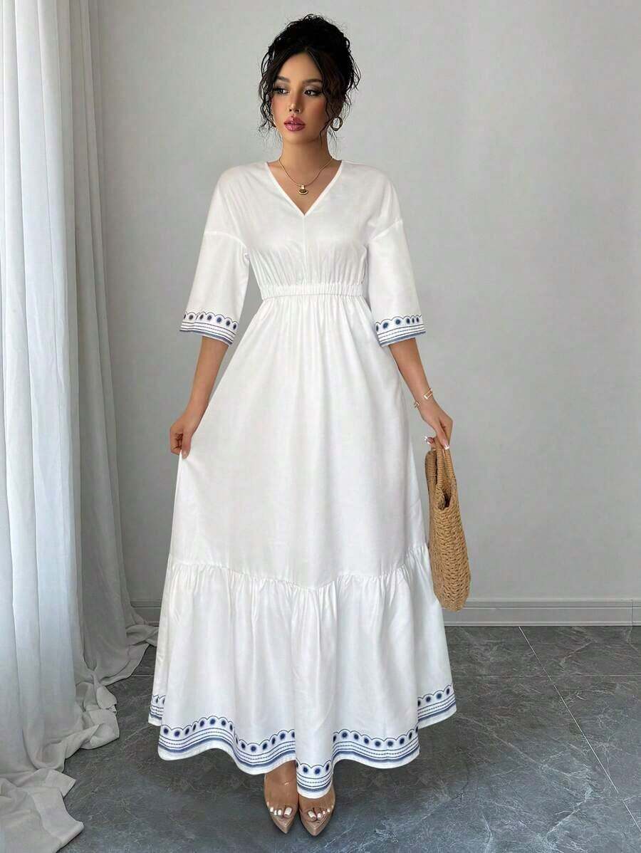 Vestido largo de línea A con escote en V, mangas raglán y cintura ceñida, estilo casual de vacaciones para primavera/verano - Blanco - Ver 1