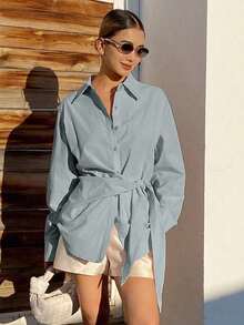 Blusa beige de manga larga con diseño de cintura ceñida, para uso casual y de oficina, estilo suelto y elegante para primavera y verano - Azul - Ver 5