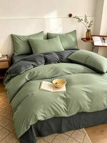 New Solid Color Patchwork Nordic Style Simple Polyester Duvet Cover 3 Pieces Set - Olive Green - View 4
