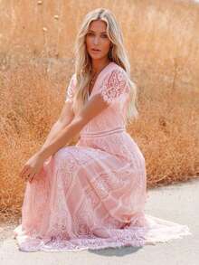 Vestido largo de gasa escote profundo elegante para otoño invierno - Rosa - Ver 3