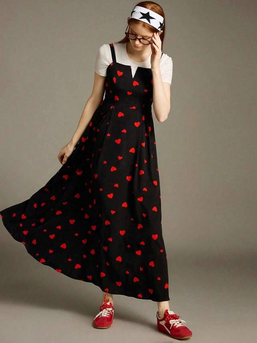 Vestido largo casual y sencillo 2025 nuevo con cuello en V, cinta en la cintura y estampado completo de corazón, con tirantes anchos, elegante y lindo para San Valentín, vacaciones y citas - Negro 2 - Ver 1