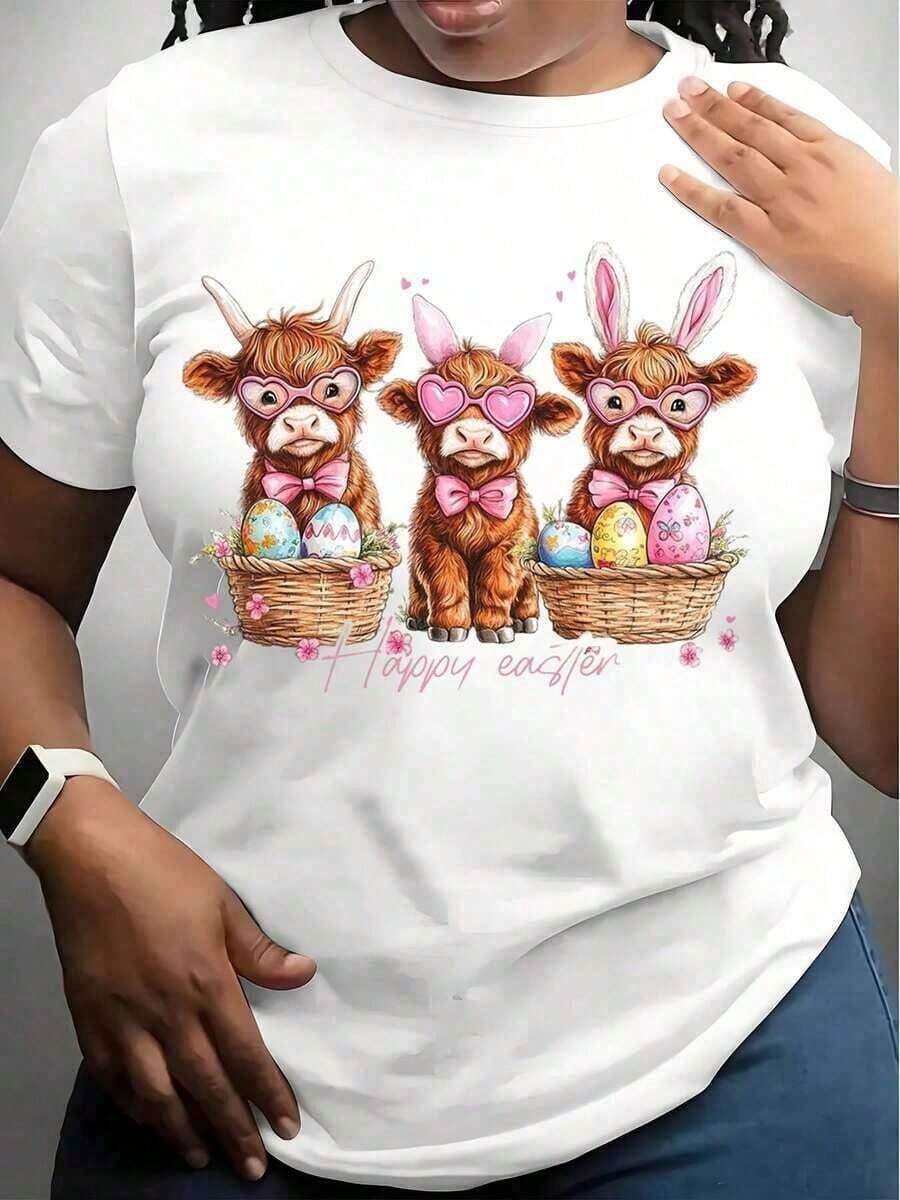 1 pieza Camiseta de vaca y conejo de Pascua con gafas de corazón y huevos de Pascua, diseño de Feliz Pascua para mujeres, regalo divertido de vacaciones de primavera, camiseta de cuello redondo para la celebración de Pascua, 180g 100% algodón suave - Blanco - Ver 1