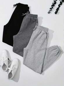 LUNE Conjunto de pantalón y sudadera con capucha de felpa casual para mujer, con cordón en la cintura y puños, en colores contrastantes - Multicolor 2 - Ver 1