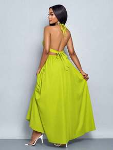 xheSOLERSUN Vestido largo de mujer de unicolor con escote halter en V, para vacaciones y playa, con espalda cruzada y anudada, para vacaciones y salidas a la playaxhe - Verde - Ver 2