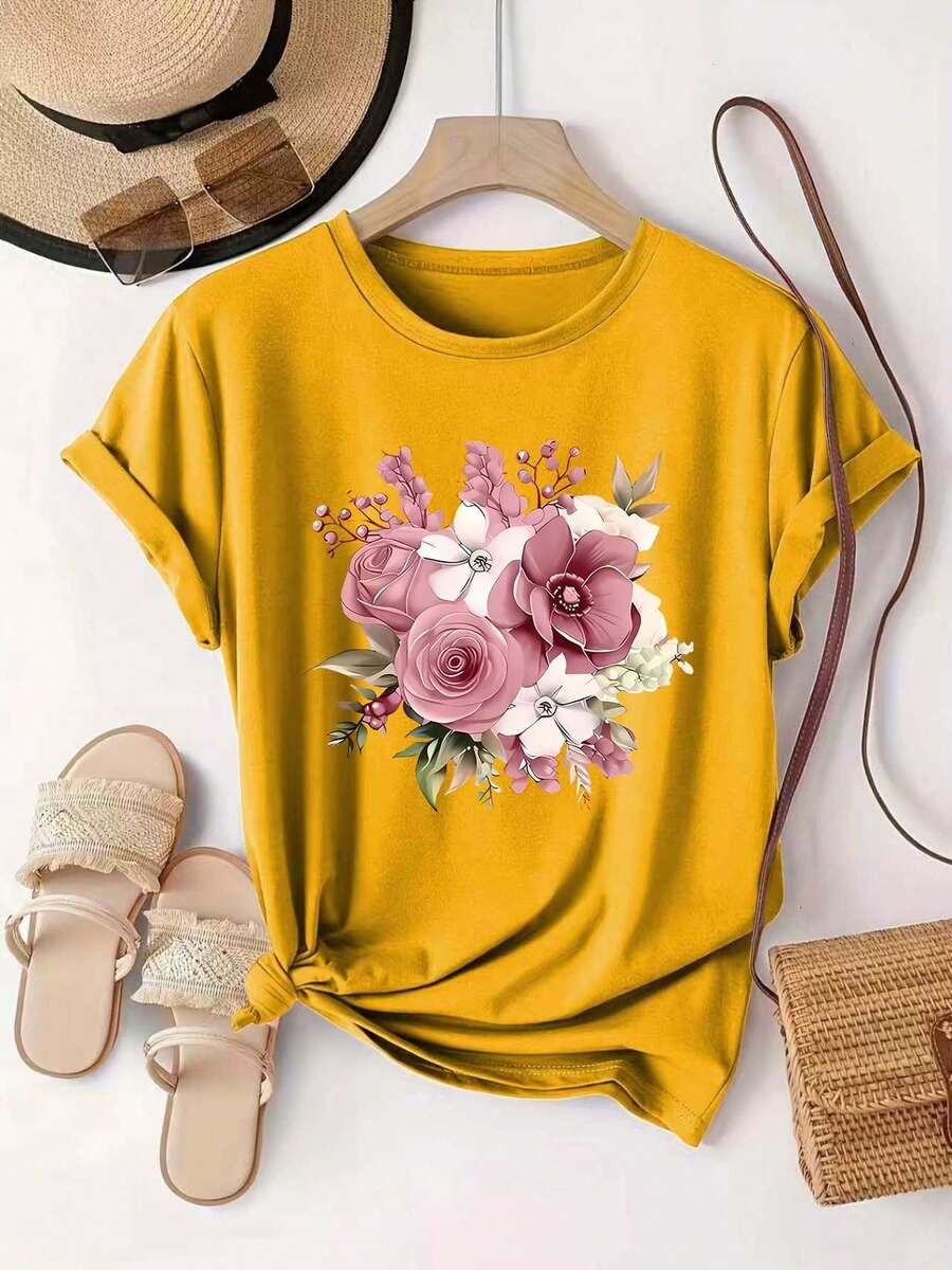 Camiseta manga corta cuello redondo 100% algodón, estampado trendy, tejido ligero y ventilado, estilo moda casual, apta para vida diaria, salidas informales y citas en primavera, verano y otoño - Amarillo limón - Ver 1