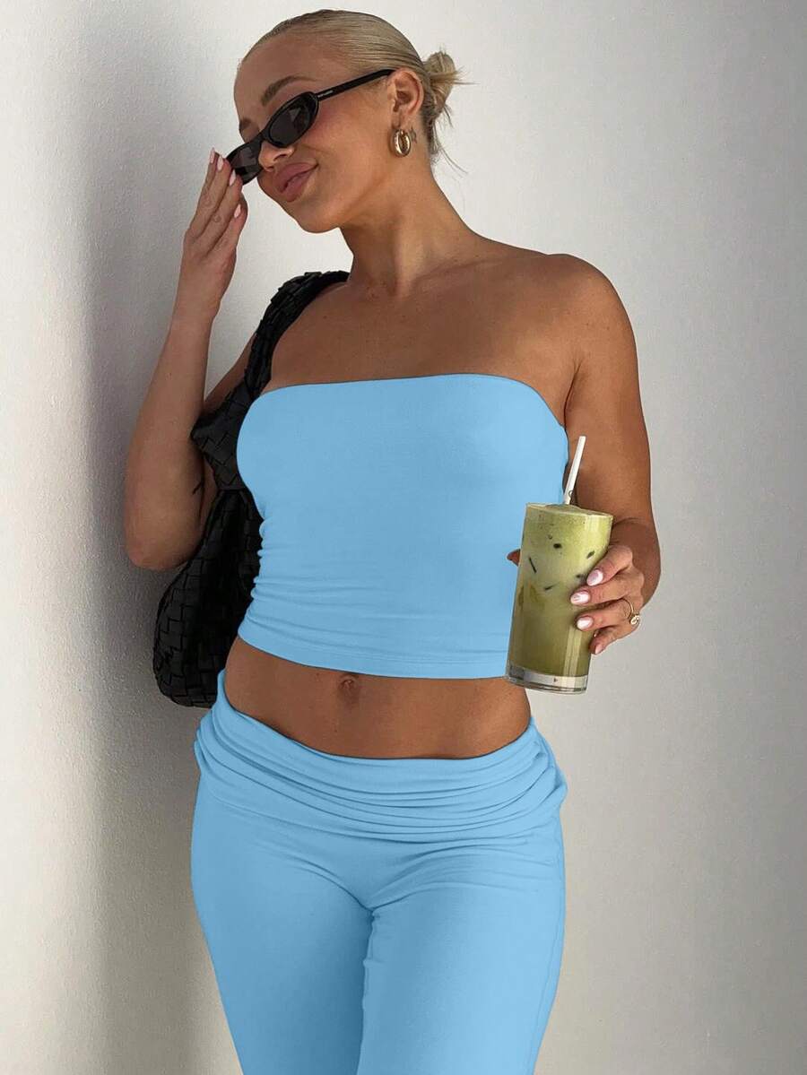 Nueva blusa de sujetador sólido, pantalones largos de trompeta, traje de adelgazamiento de moda para mujeres - Azul - Ver 1