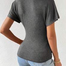 Women Summer Solid Color Pleated Slim Fit V-Neck Short Sleeve Casual T-Shirt - Negro - Ver 9