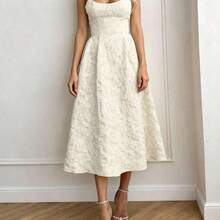 Floreya Summer Elegant Solid Color High-End Chic Style Prom Dress, Waist-Cinched Fitted Spaghetti Strap Midi Dress, White Party - Rosa - Ver 3