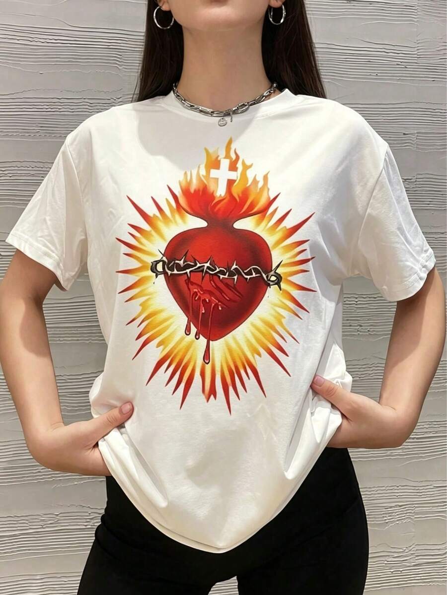 Camiseta de Mujer con Estampado Gráfico de Corazón Sagrado, Diseño Original y Moderno, Ideal para un Look Casual con un Toque de Estilo, Disponible en Varias Tallas y Colores. - Blanco - Ver 1