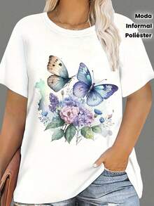 Camiseta de moda de mariposa de talla grande para mujeres, cuello de tripulación casual, parte superior de punto de poliéster con ligero estiramiento, comodidad para todas las estaciones - Blanco - Ver 5