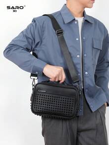 saroxi Men's Large Capacity Black Shoulder Bag, Rivet Inlaid Messenger Bag, Suitable For Commuting, Minimalist Style, Casual Solid Color PU Leather, Gift For Boyfriend - Black - View 5