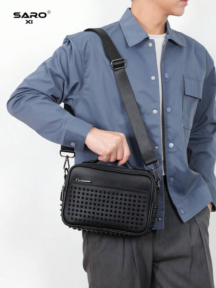 saroxi Túi đeo vai nam cỡ lớn màu đen, kiểu dáng messenger đính đinh tán, phù hợp cho việc đi làm, phong cách tối giản, chất liệu da PU màu trơn, quà tặng cho bạn trai. - màu đen - Xem 4