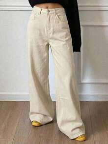 Jeans casuales de mujer de pierna ancha, unicolor, con bolsillo cargo suelto - Beis - Ver 2