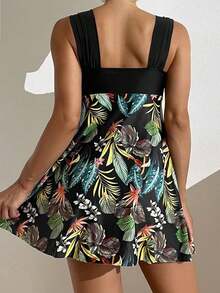 Swim Lushoire Conjunto de tankini de estampado tropical aleatorio con top de tirantes anudados tipo top largo y pantalones cortos tipo boxer, un conjunto de 2 piezas de traje de baño de verano - Multicolor - Ver 2