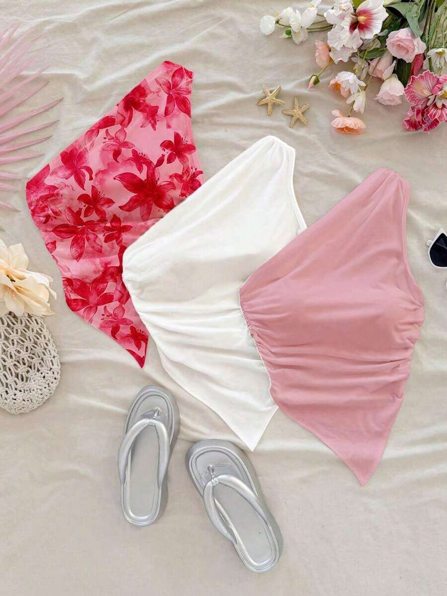 4 piezas Conjunto de blusas sin mangas de unicolor y hombros asimétricos versátiles para mujer, adecuadas para vacaciones - Multicolor 6 - Ver 1