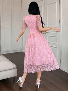 Vestido elegante de encaje de alta calidad con cintura ajustable, bordado, de estilo coreano suave y elegante - Rosa - Ver 5