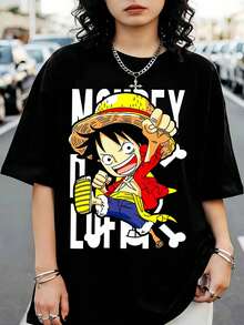 Överdimensionerad svart One P-Piece S MonkeyDD L-LuffyS t-shirt med söt design, för animefans - Svart - Visa 6