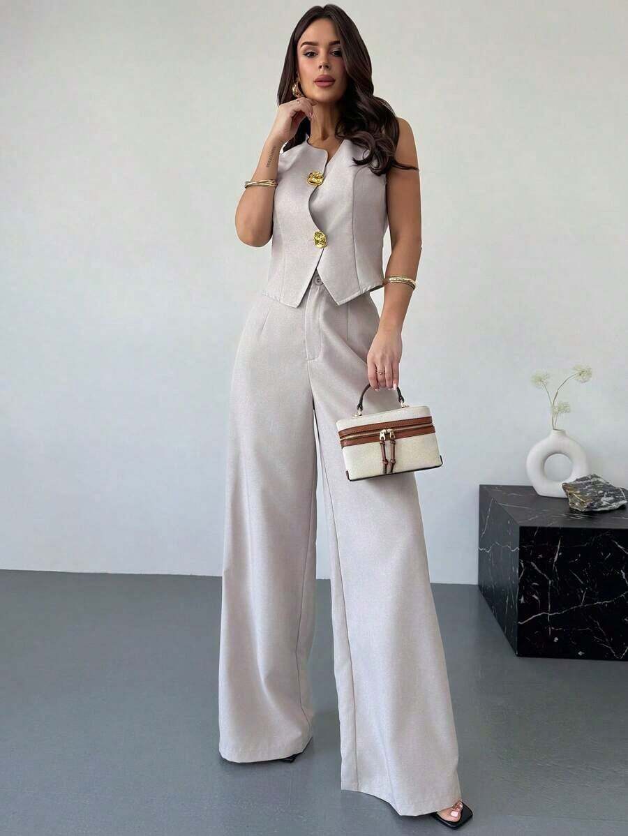 Set de 2 piezas de primavera para mujer: top asimétrico con hebilla de metal de sensación de lino caqui y pantalones anchos de cintura alta adelgazantes, elegante ropa de oficina - Caqui - Ver 1