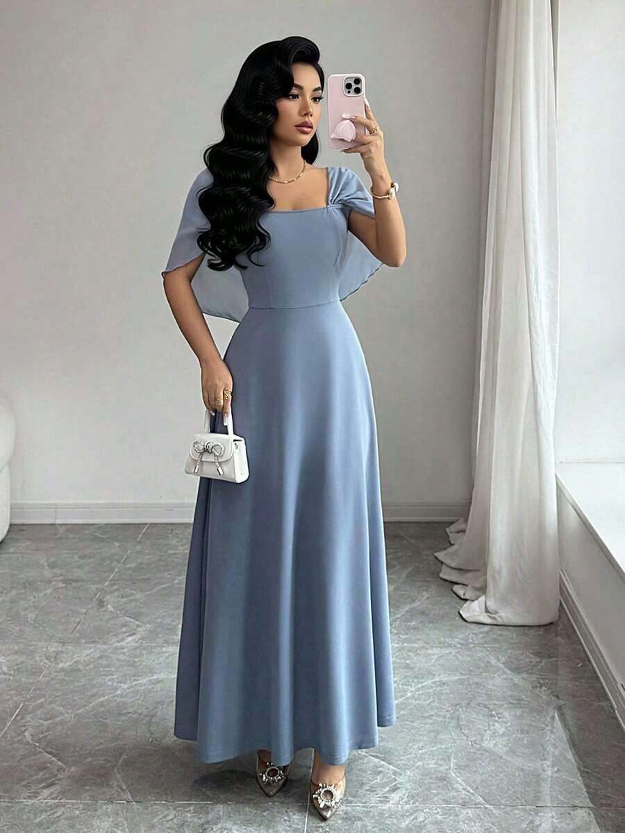 Vestido largo de línea A con cuello cuadrado y cintura recogida, elegante y romántico para uso diario - Niebla azul - Ver 1