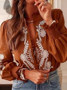 Camisa casual de vacaciones con bordado floral estampado y aplicación bordada acanalada blanca de primavera - Óxido marrón - Ver 5