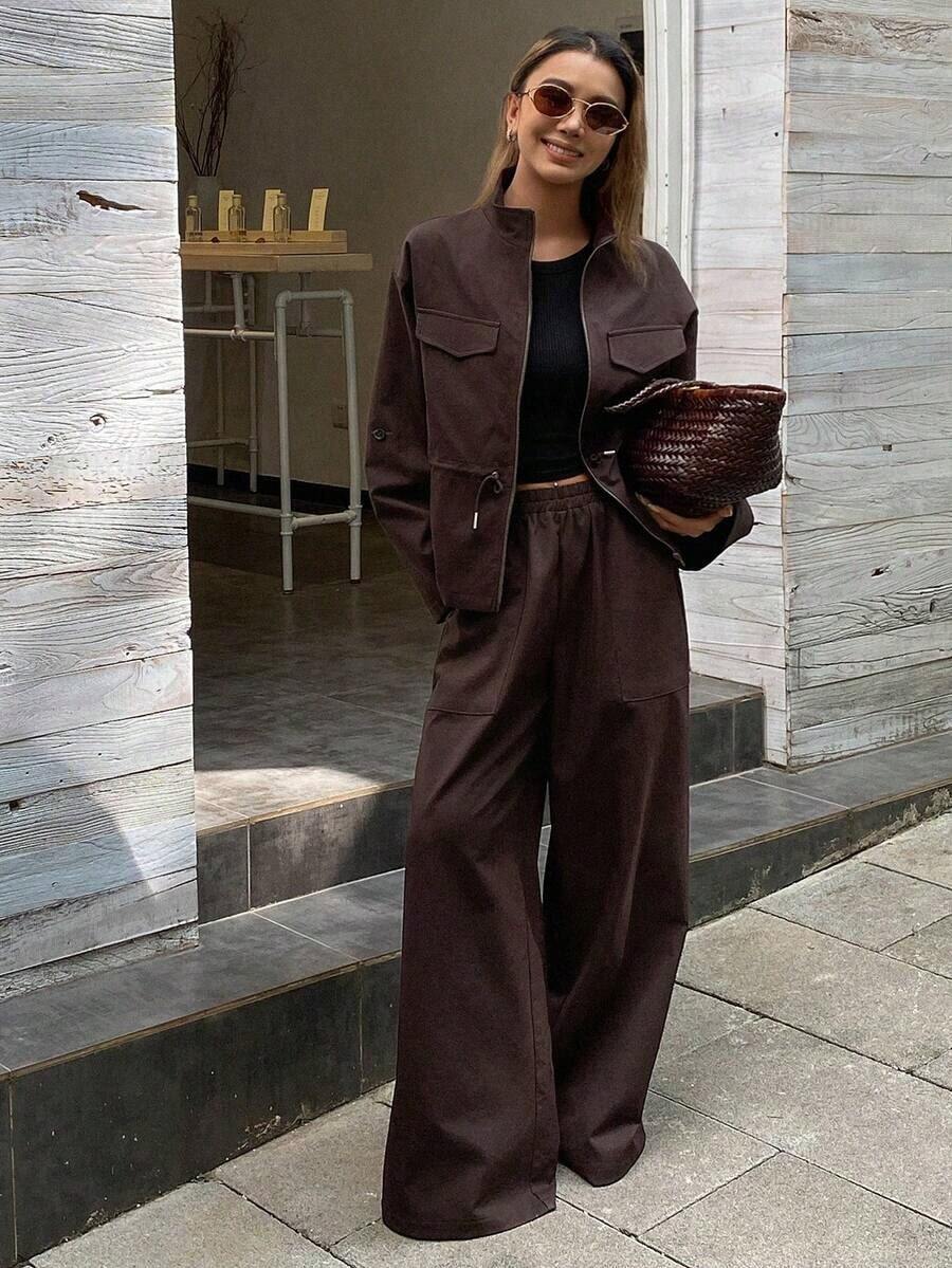Conjunto de 2 piezas de top holgado de cuello alto y pantalones casuales para mujer, otoño/invierno - Marrón - Ver 1