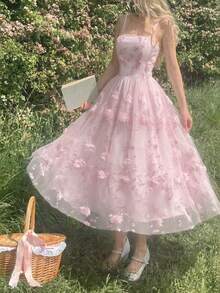 MOD Vestido de tirantes de malla con bordado floral para mujer - Rosa 3 - Ver 6