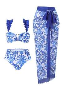 Swim Oasis Set de 3 piezas de bikini y atuendo de playa para mujer con diseño floral y acabado en metal, decoración con estampado azul y blanco de vacaciones de verano - Multicolor - Ver 1