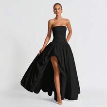 Vestido largo de verano para mujer escote bajo ajustado con cinturón plisado y tirantes elegante y fresco en colores sólidos nuevo diseño de moda - Negro - Ver 6