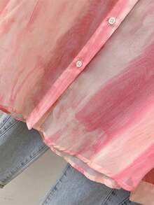 Camisa de protección solar con efecto tie-dye dulce para mujer, de cuello de solapa y manga larga, informal para exteriores/vacaciones, holgada, transpirable y ligera, estilo camisa, color rosa, para primavera/verano - Rosa - Ver 8
