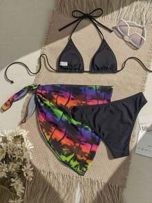 Conjunto de 3 piezas de traje de baño de bikini de unicolor y estilo sexy de halter para mujeres, conjunto de traje de baño, para vacaciones de verano en la playa - Negro - Ver 2