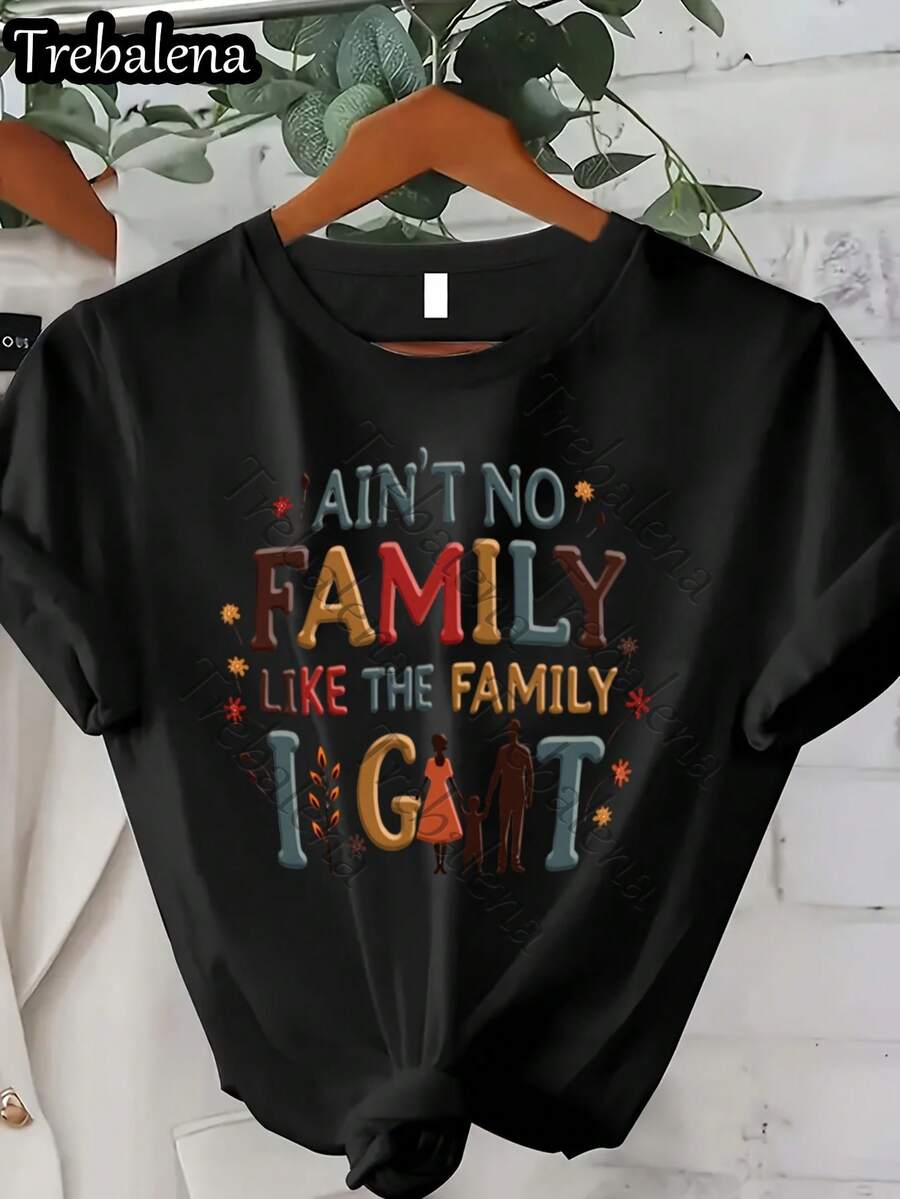 Talla Grande - Camiseta de Cuello Redondo Talla Grande con Letras Coloridas "No Hay Familia Como la Que Tengo" - Camiseta de Manga Corta Talla Grande - Top Casual de Moda para Verano y Primavera - Ropa de Mujer para el Día de la Madre/Día de los Caídos/Juneteenth 0XL-4XL - Negro4 - Ver 1
