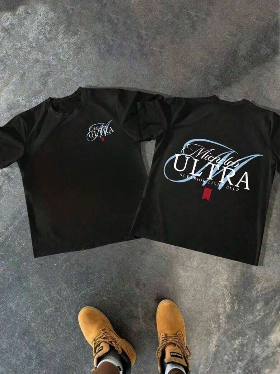 Camiseta de manga corta para hombre, 220g, 100% algodón, con estampado digital de doble cara, temática de cerveza Michelob ULTRA, cómoda y casual. - Negro - Ver 1