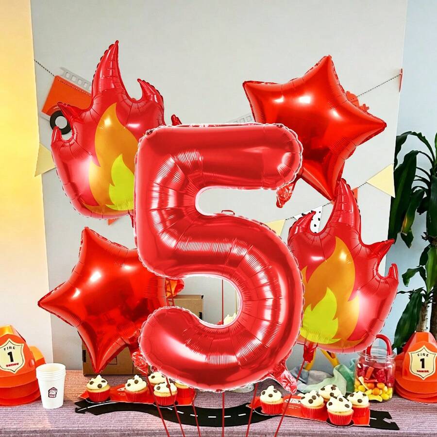 5件套火焰气球套装,包含32英寸红色数字0-9、火焰和五角星铝箔气球,适用于消防员主题生日装饰、篝火派对、火焰主题装饰、节日氛围装饰、房间和家居装饰。 - 彩色 - 查看 1