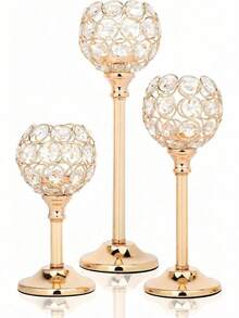 Juego de 3 candelabros de metal con cristales dorados, portavelas de cristal alto elegante para centro de mesa, decoración de velas para bodas, cumpleaños, graduación y decoración del hogar - Oro - Ver 9