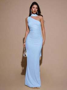 Vestido de malla ajustado con drapeado asimétrico, elegante y sexy vestido de gala para fiesta, boda, cumpleaños, Navidad, Halloween - Amarillo claro - Celeste - Ver 3