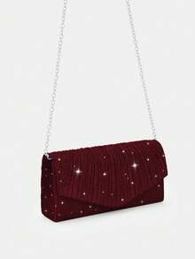 REMANLAND 1pc Elegant Pleated Glossy Women's Handbag, Fashion Luxury Ladies' Evening Clutch Purse, Envelope Style Wristlet With Hidden Card Slots And Compartments, Detachable Metal Chain Strap, Suitable For Party Girls, Brides, Holiday Gifts, Wedding Clutches, Party Bags, Perfect Match For Holiday Party Outfits, Evening Gowns And Sequin Dresses, Ideal For New Year And Other Occasions - Burgundy - View 3