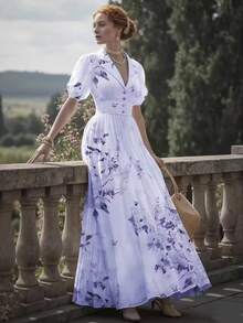 Vestido largo estampado estilo palaciego  europea elegante moda nueva colección para mujer - Morado - Ver 6