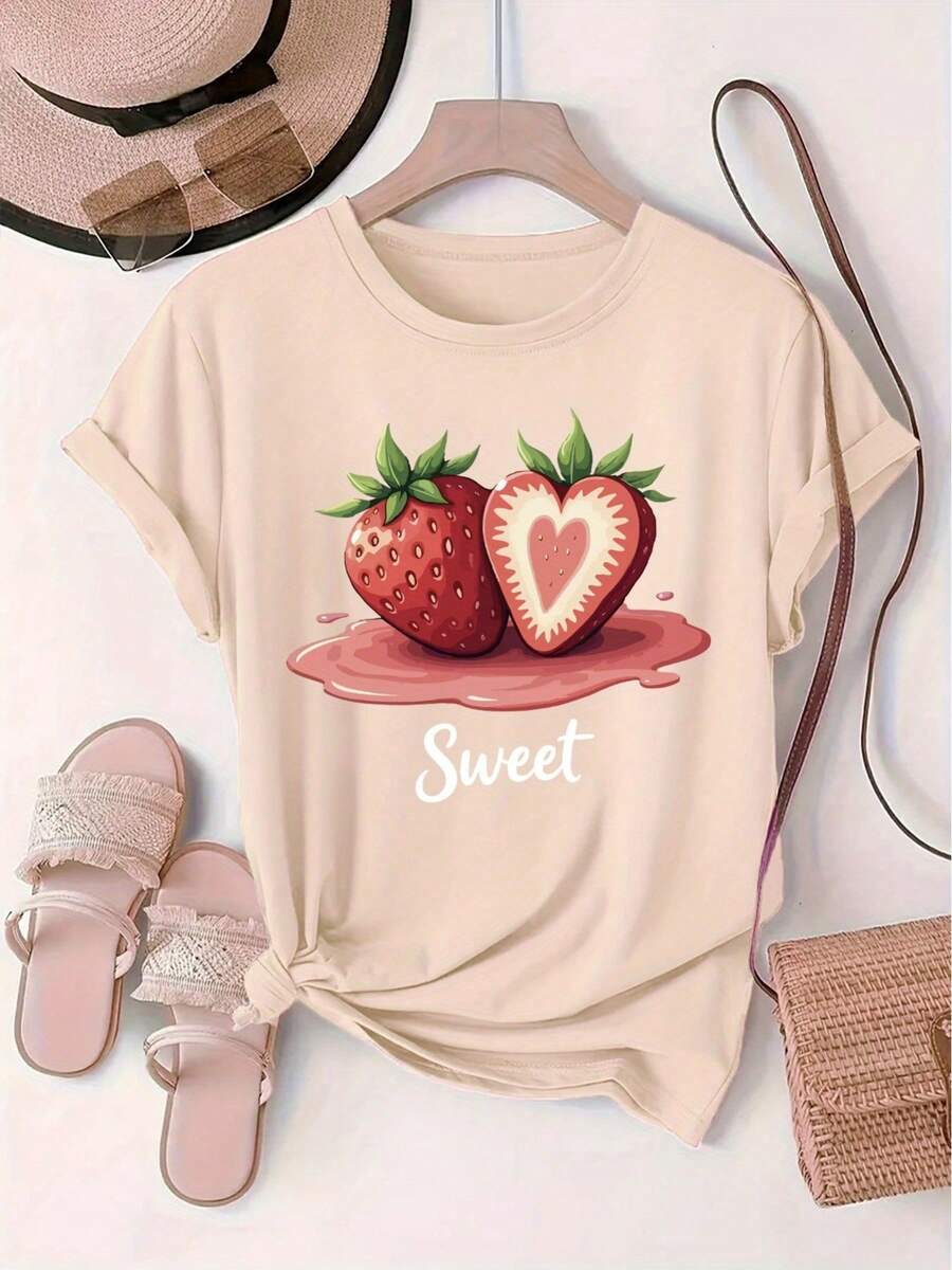 Talla Grande - Camiseta de Manga Corta con Cuello Redondo y Estampado de Fresas para Mujer, Estilo Casual para Moda Europea y Americana, Tipo Pullover - Albaricoque - Ver 1