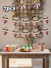 7/14/21pc Custom Personalized Cowboy Face Paper Banner Flags, Pink Cowgirl Brown Cowboy Banner Hanging Decor, Western Themed Birthday Party Supplies, My First Birthday Party Favors, Cowboy 1st Birthday, My First Rodeo, Party Decorations - Multicolor - View 24