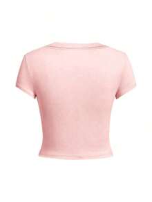 Playera cuello redondo manga corta para mujer, modelo nuevo de verano con estampado de letras, corte ajustado ombliguero muy versátil, estilo casual juvenil ideal para uso diario, salidas y combinar con cualquier ropa THSW - Rosa - Ver 3