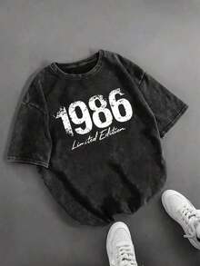 1 Piece Of Vintage Short-Sleeved T-Shirt With A Round Neck And 1986 Print, Casual Style For Everyday Wear, With A Washed Effect. | Vintage Style, Letter Pattern, Regular Length, Women's Summer Clothing NARP180g 100% Cotton - 黑色 - 查看 6